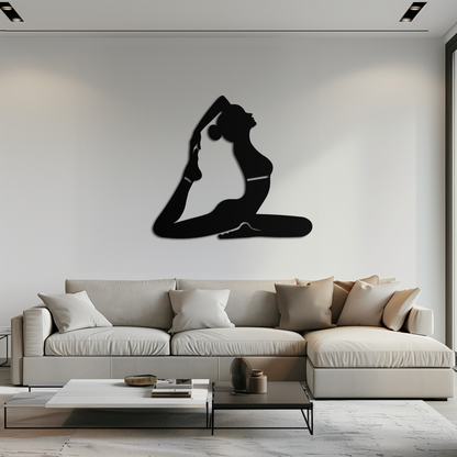 Kapotasana yoga pose metal wall art in matte black, minimalist silhouette