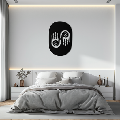 Abstract spiral hands metal wall art in matte black, spiraled palm design