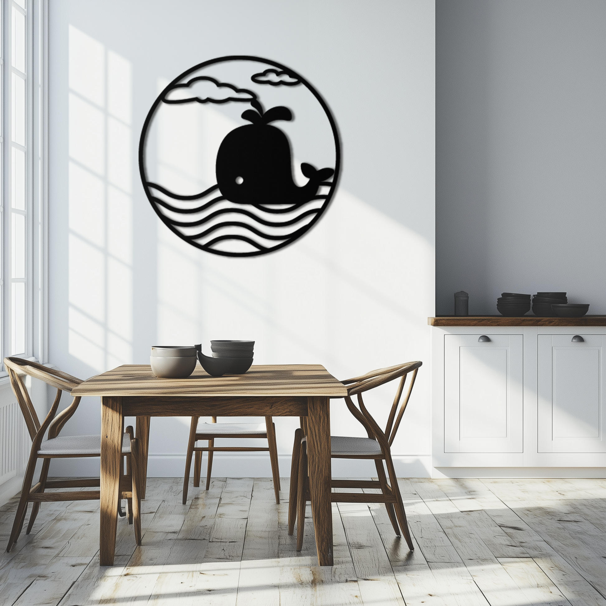 Whale ocean scene circular metal wall art in powder-coated steel