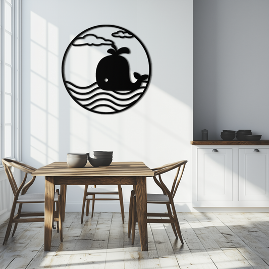 Whale ocean scene circular metal wall art in powder-coated steel