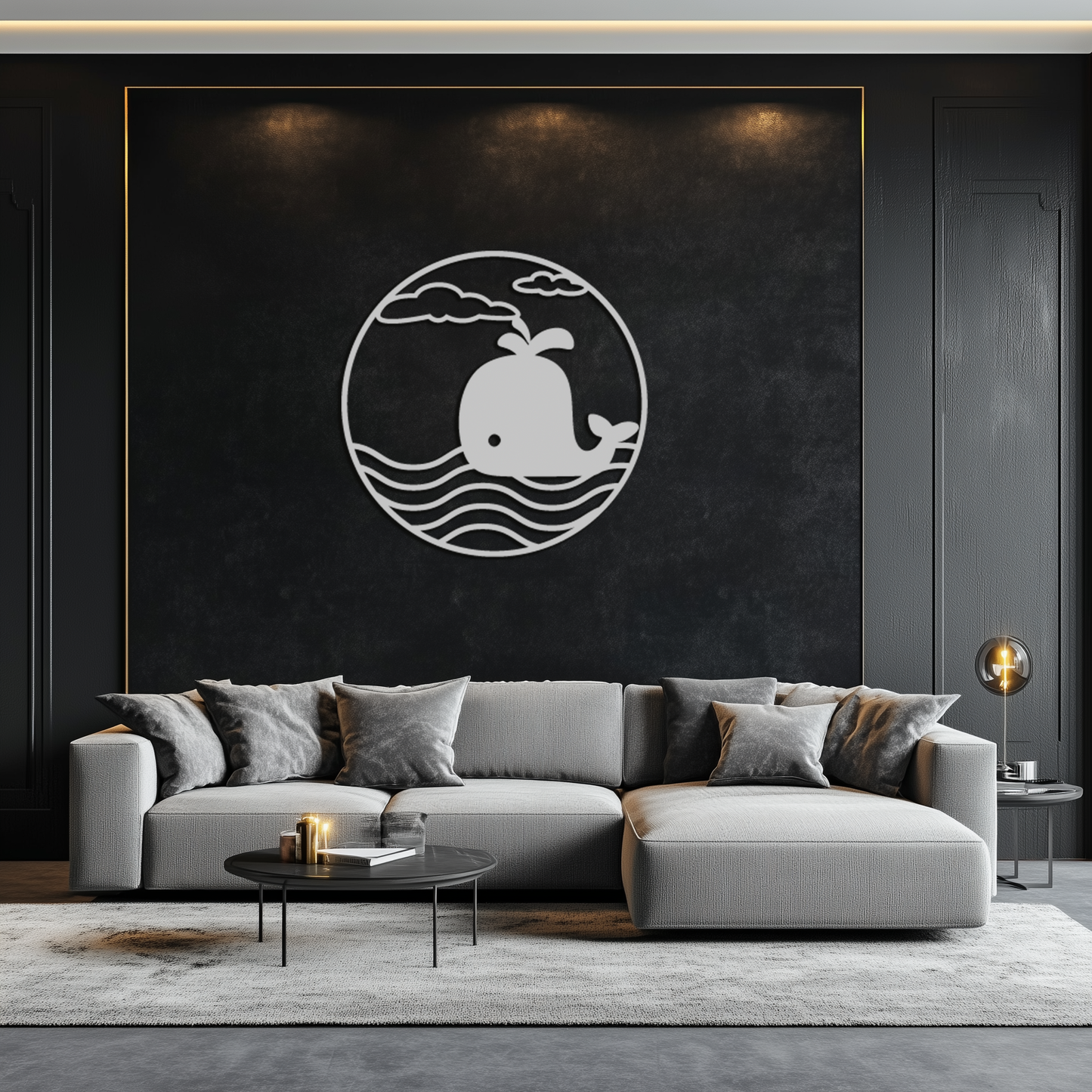 Whale Ocean Scene Metal Wall Art - Circular Coastal Decor
