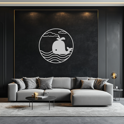 Whale Ocean Scene Metal Wall Art - Circular Coastal Decor