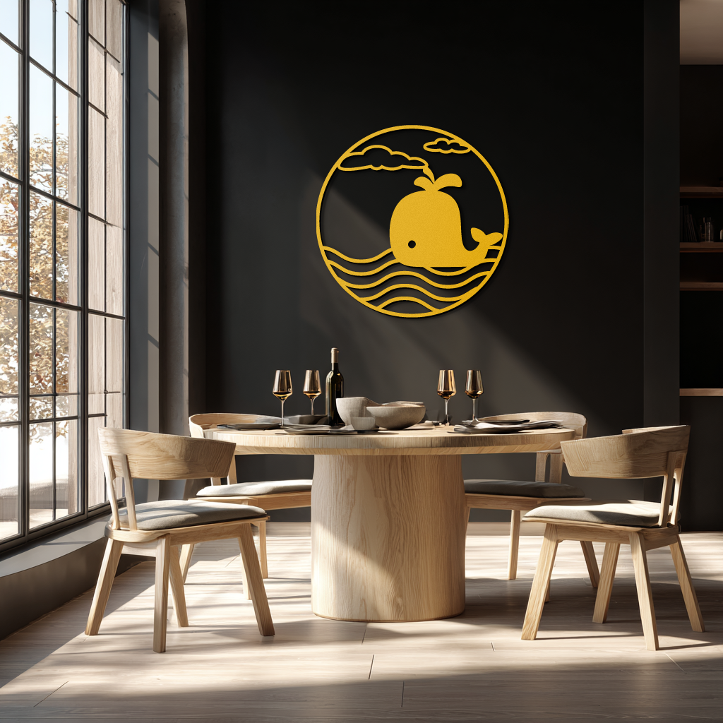 Whale Ocean Scene Metal Wall Art - Circular Coastal Decor