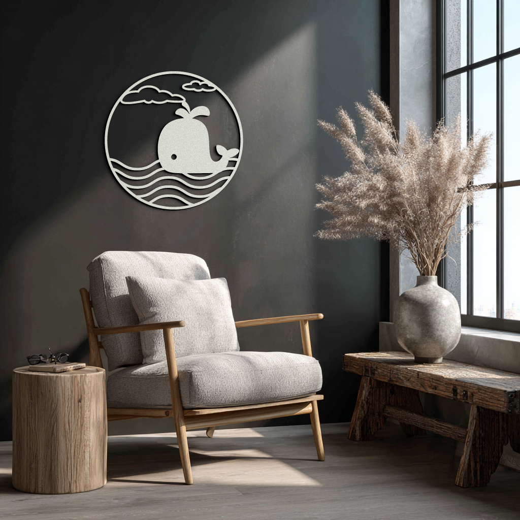 Whale Ocean Scene Metal Wall Art - Circular Coastal Decor