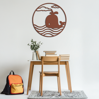 Whale Ocean Scene Metal Wall Art - Circular Coastal Decor