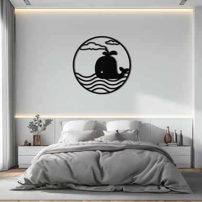 Whale Ocean Scene Metal Wall Art - Circular Coastal Decor