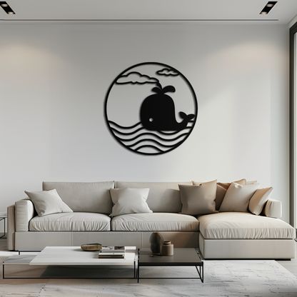 Whale Ocean Scene Metal Wall Art - Circular Coastal Decor