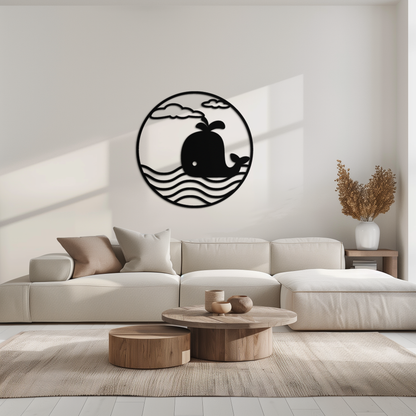 Whale Ocean Scene Metal Wall Art - Circular Coastal Decor