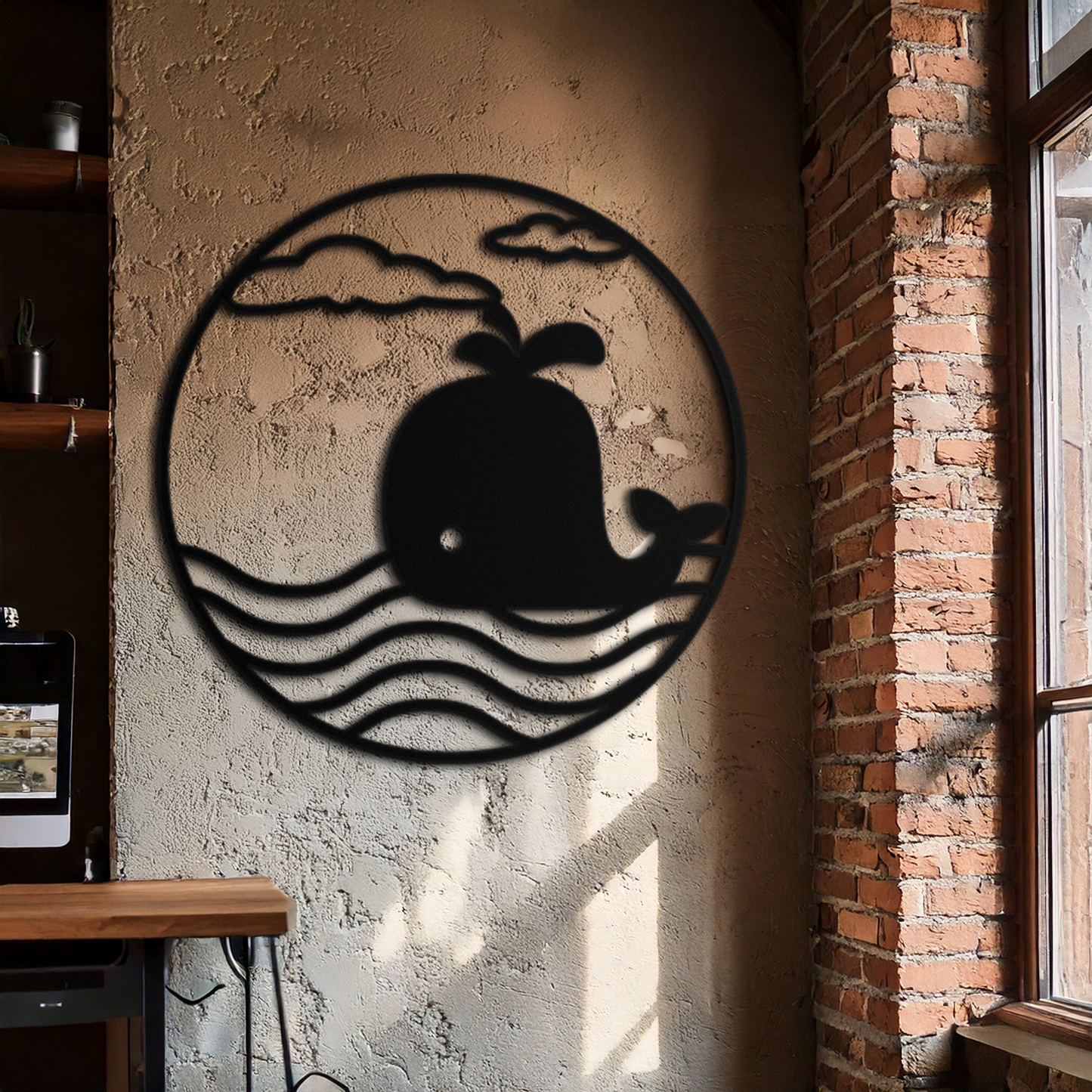 Whale Ocean Scene Metal Wall Art - Circular Coastal Decor