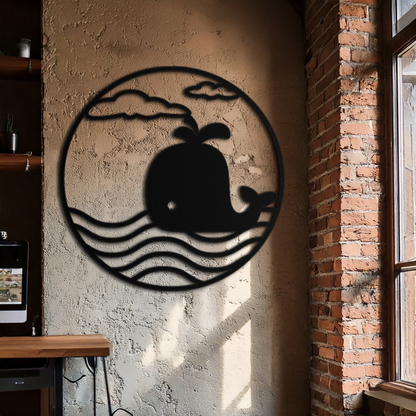 Whale Ocean Scene Metal Wall Art - Circular Coastal Decor