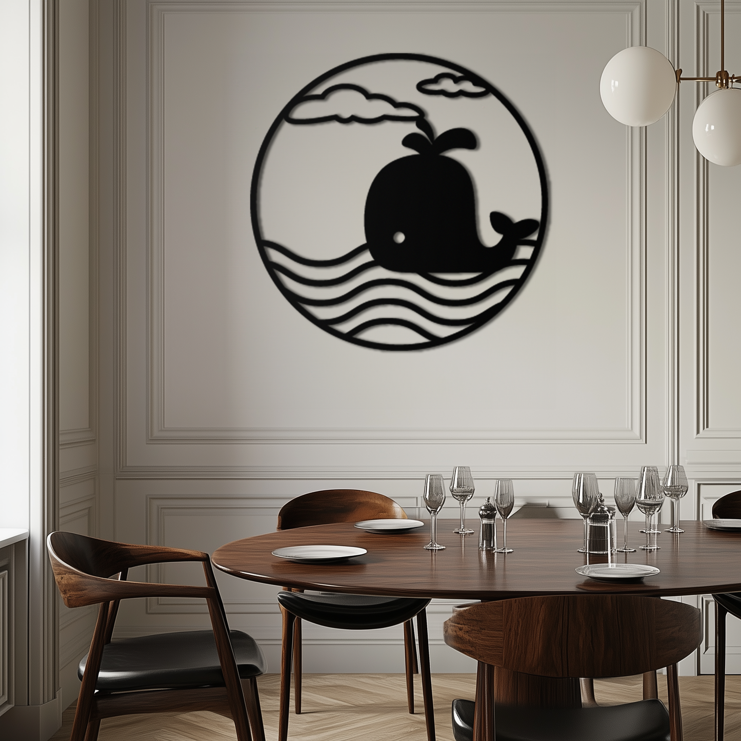 Whale Ocean Scene Metal Wall Art - Circular Coastal Decor