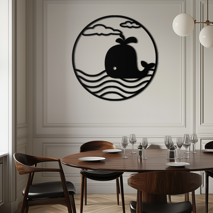 Whale Ocean Scene Metal Wall Art - Circular Coastal Decor