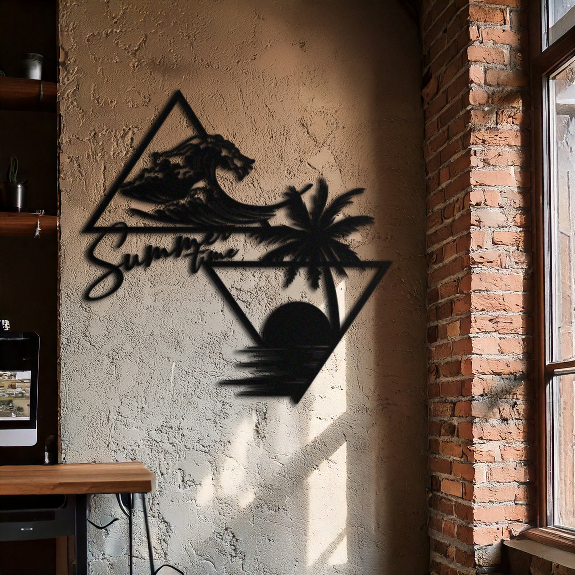 Beach scene metal wall art with palm tree and ocean waves in black steel