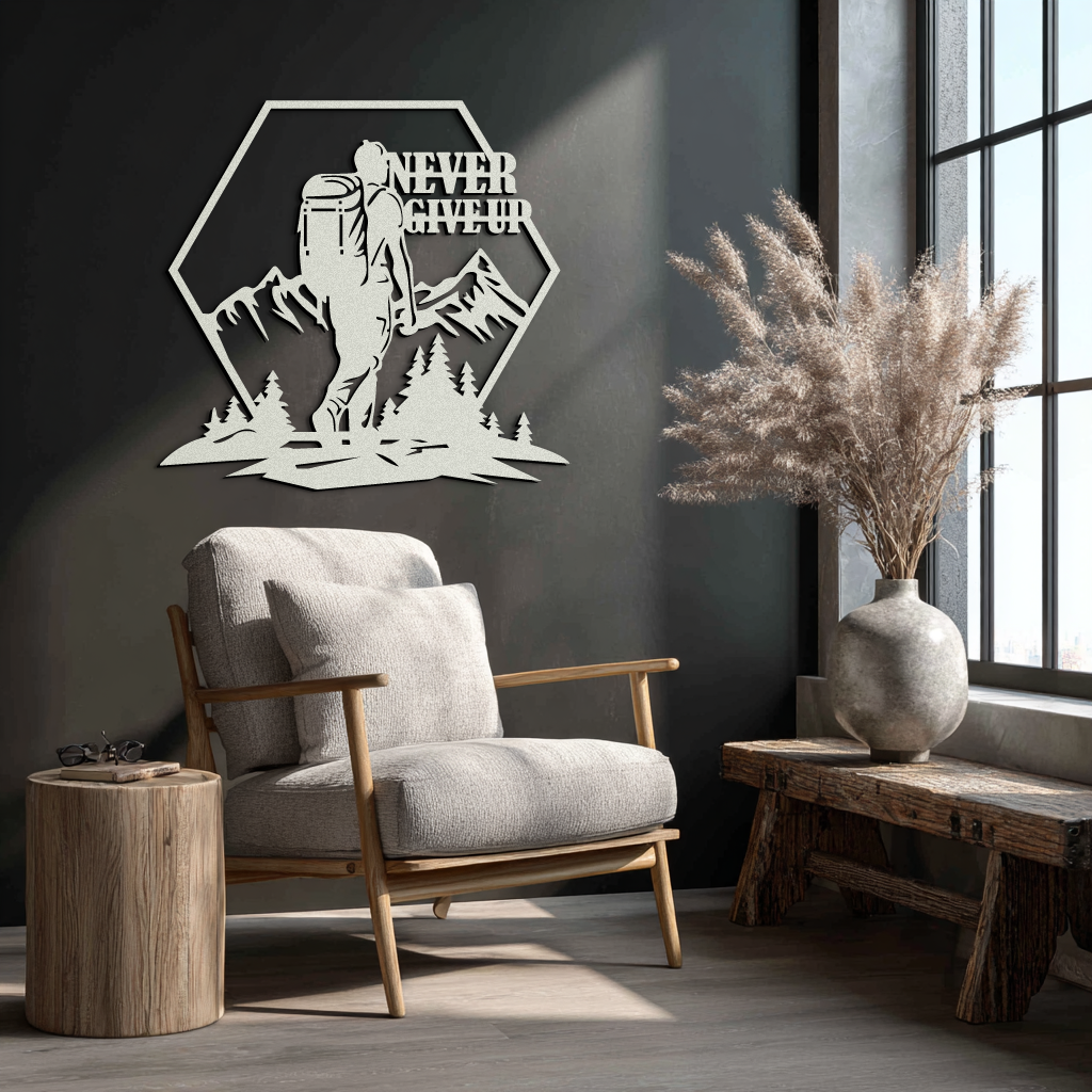 Never Give Up Hiking Mountain Metal Wall Art