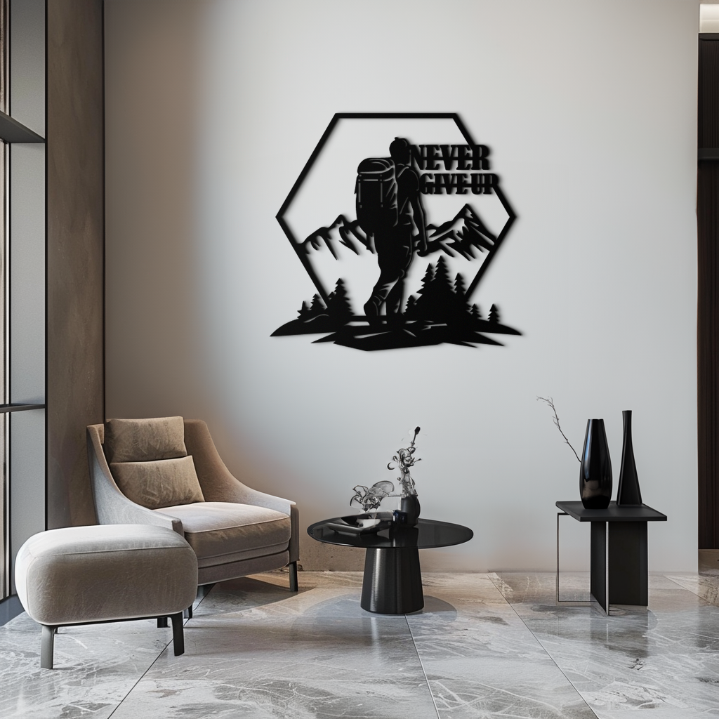 Never Give Up hiking metal wall art with hiker silhouette and mountains