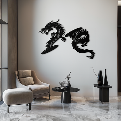 Yin yang dragon duo metal wall art in matte black cut steel