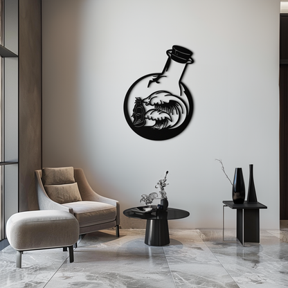 Buddha and ocean waves metal wall art in matte black, zen coastal decor