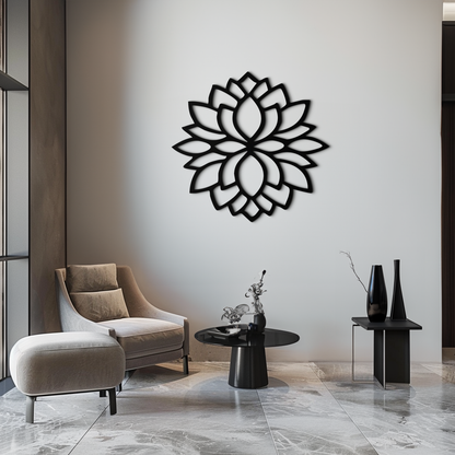 Minimalist lotus flower silhouette metal wall art in matte black steel