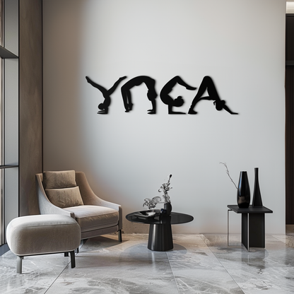 Yoga pose metal wall art in matte black, modern fitness decor