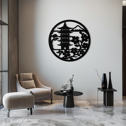 Japanese pagoda and sakura flowers metal wall art in matte black cut steel