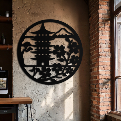 Japanese Pagoda and Sakura Metal Wall Art