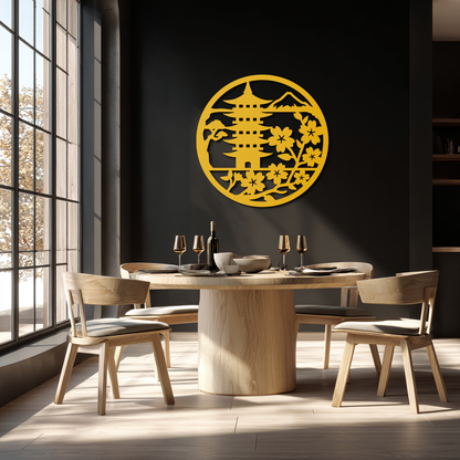 Japanese Pagoda and Sakura Metal Wall Art