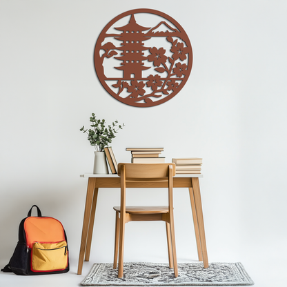 Japanese Pagoda and Sakura Metal Wall Art