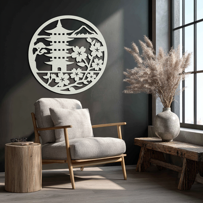 Japanese Pagoda and Sakura Metal Wall Art