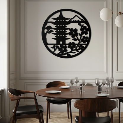 Japanese Pagoda and Sakura Metal Wall Art