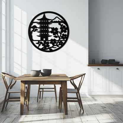 Japanese Pagoda and Sakura Metal Wall Art