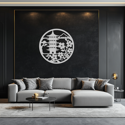 Japanese Pagoda and Sakura Metal Wall Art