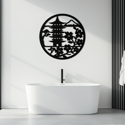 Japanese Pagoda and Sakura Metal Wall Art