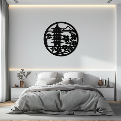 Japanese Pagoda and Sakura Metal Wall Art