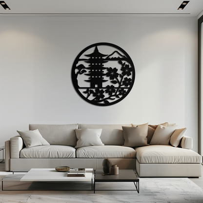 Japanese Pagoda and Sakura Metal Wall Art