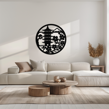 Japanese Pagoda and Sakura Metal Wall Art