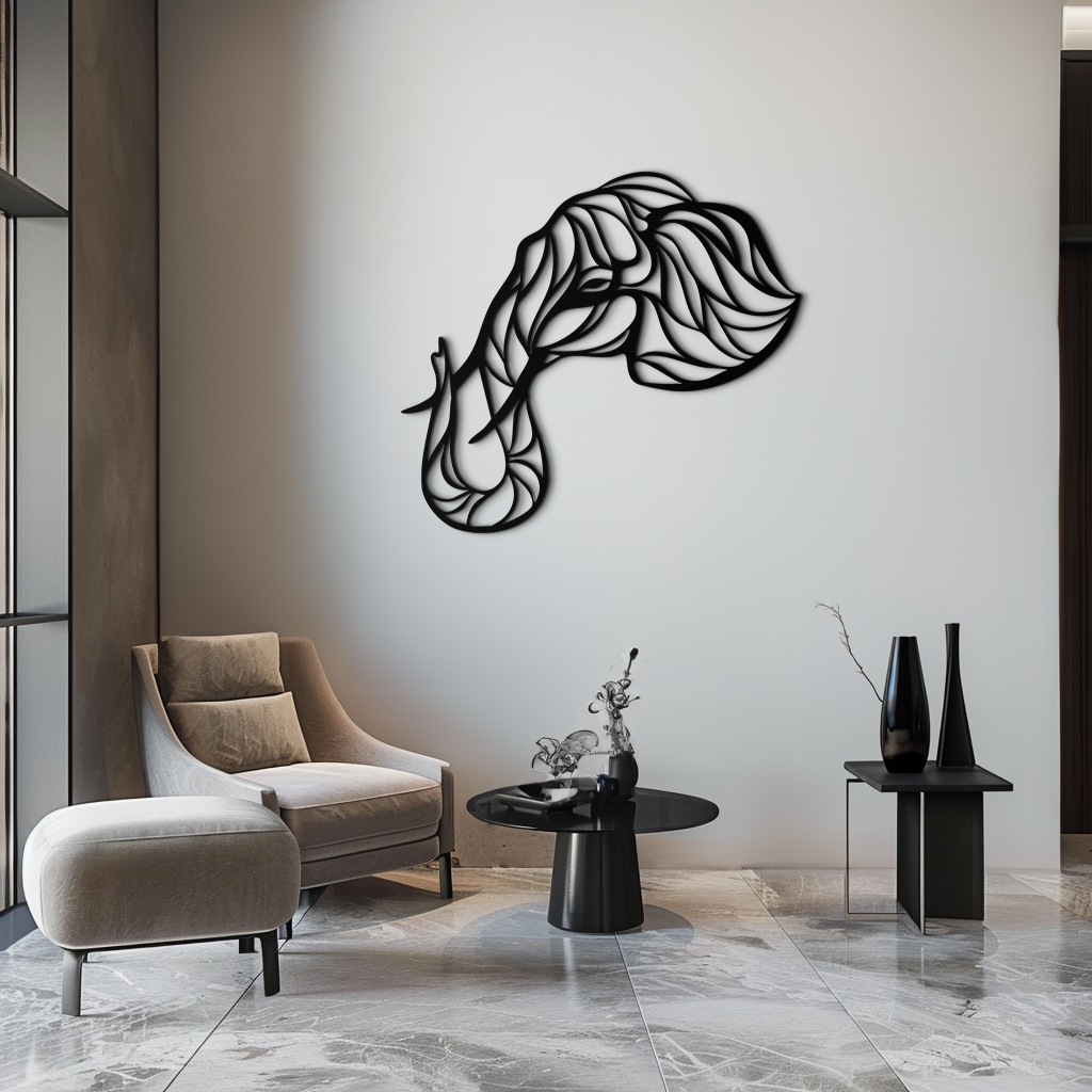 Geometric elephant head modern metal wall art in powder-coated steel