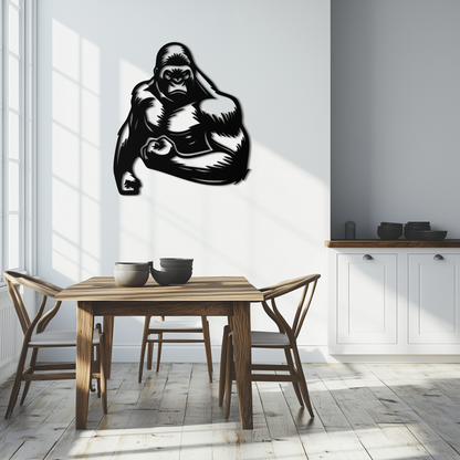 Angry gorilla with clenched fists, metal wall art in matte black cut steel