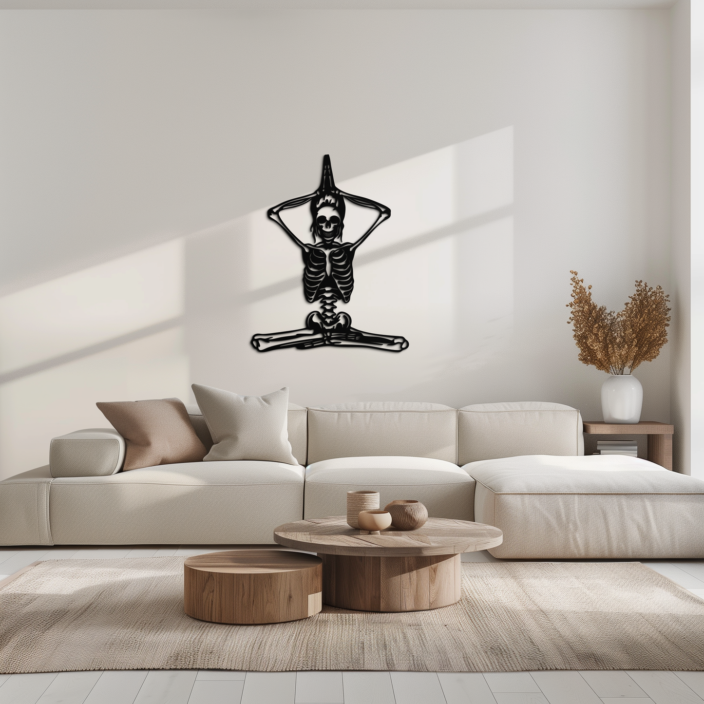 Skeleton yoga pose metal wall art in matte black, gothic meditation decor
