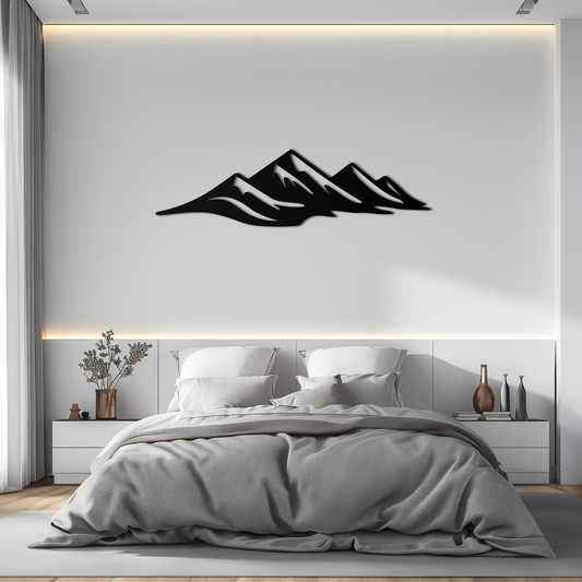 Horizontal mountain silhouette metal wall art with snow-capped peaks