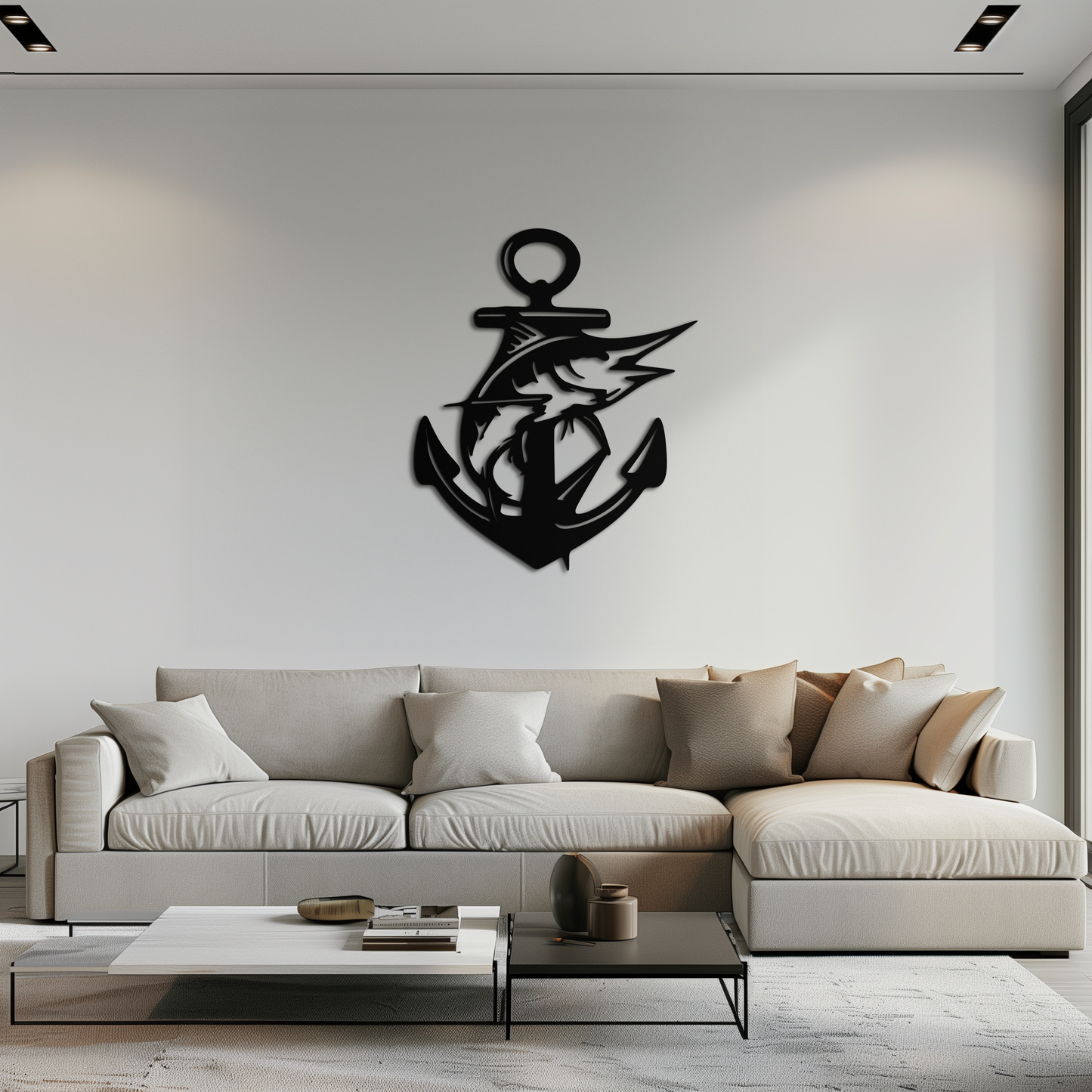 Anchor and fish nautical coastal metal wall art in powder-coated steel