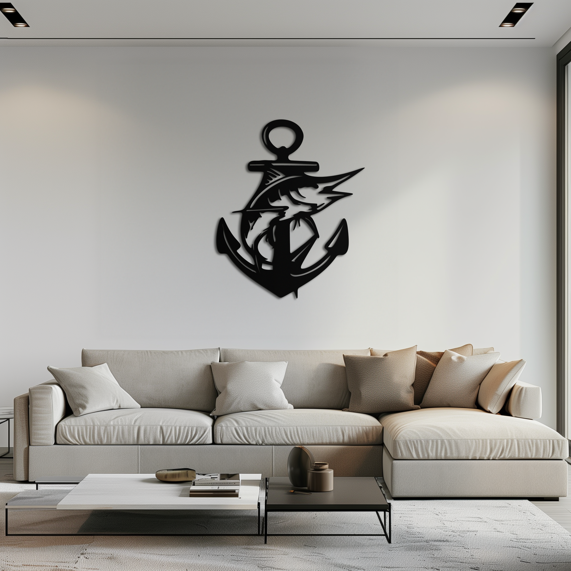 Anchor and fish nautical coastal metal wall art in powder-coated steel