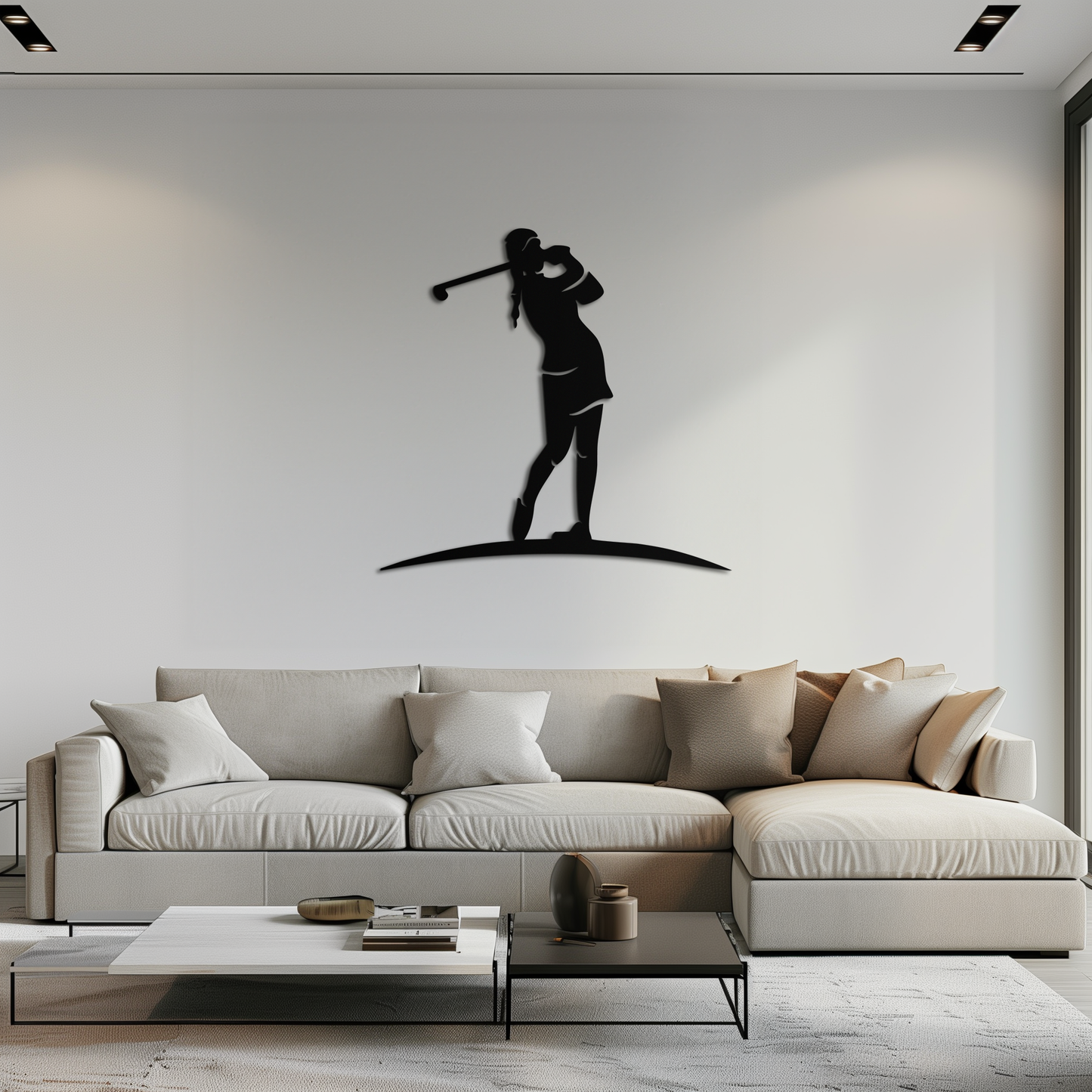 Female golfer metal wall art, matte black silhouette of a woman mid-swing