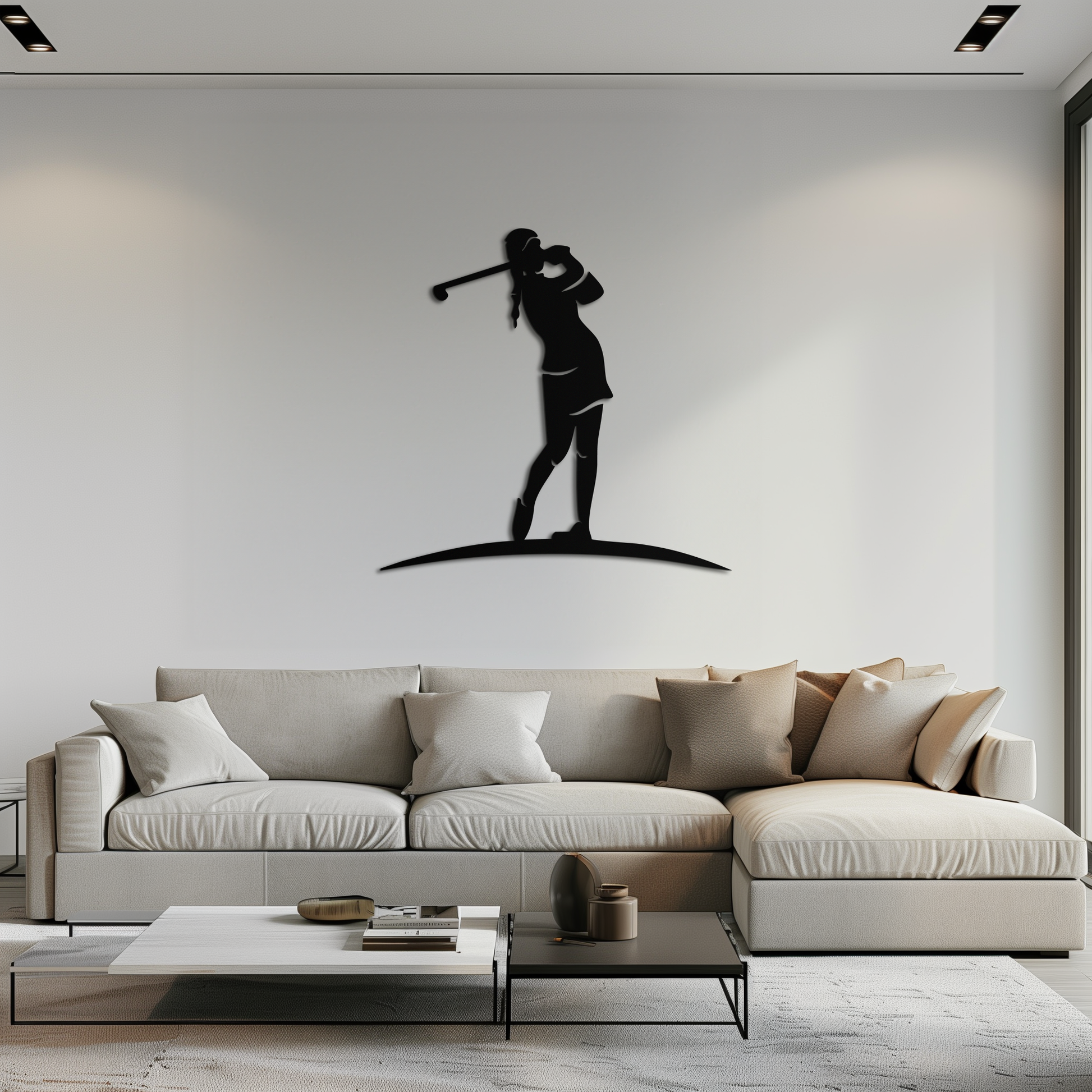 Female golfer metal wall art, matte black silhouette of a woman mid-swing