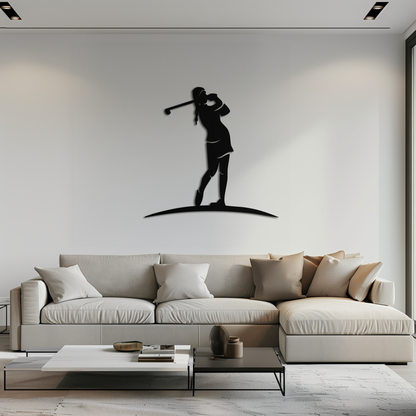 Female golfer metal wall art, matte black silhouette of a woman mid-swing