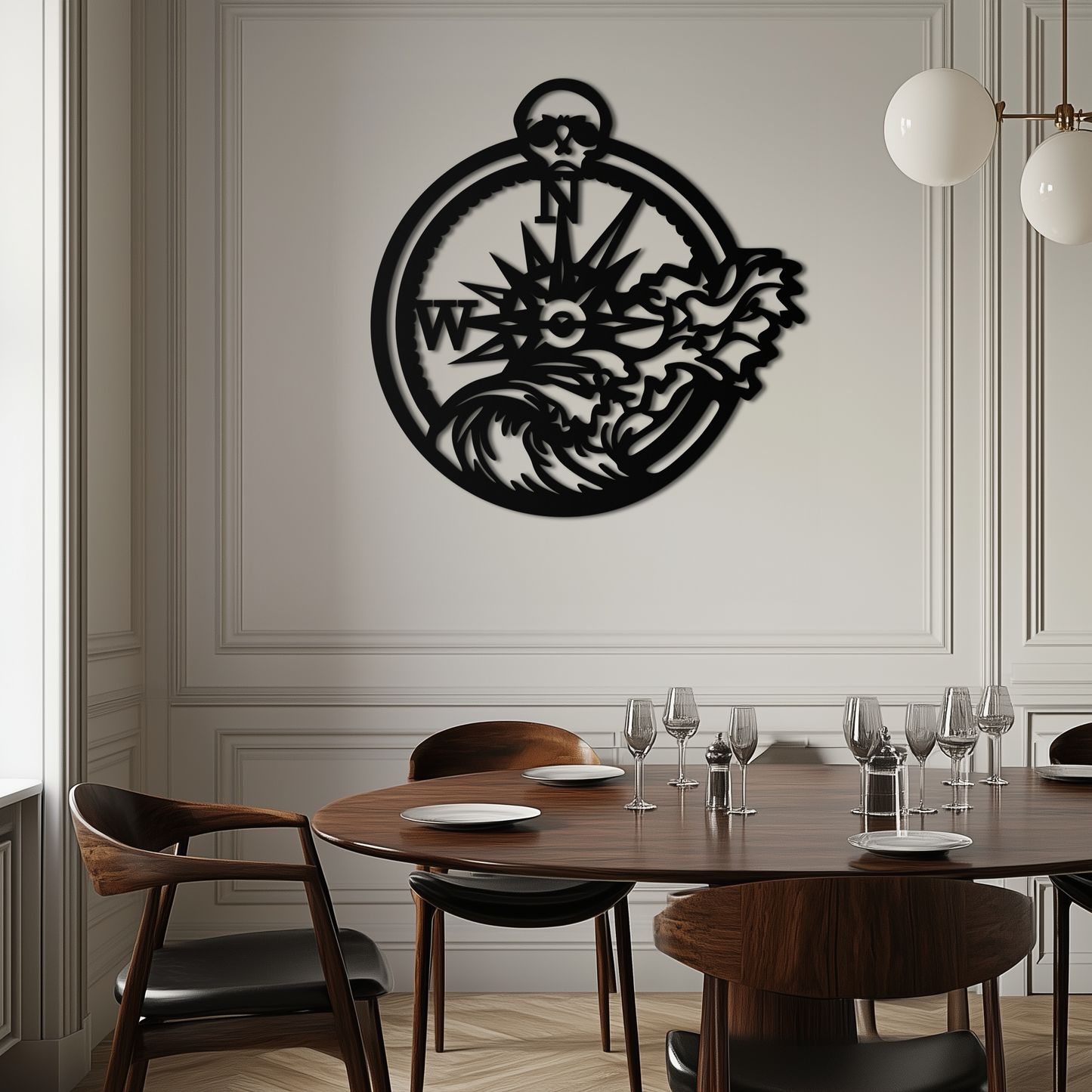 Nautical Compass and Ocean Wave Metal Wall Art