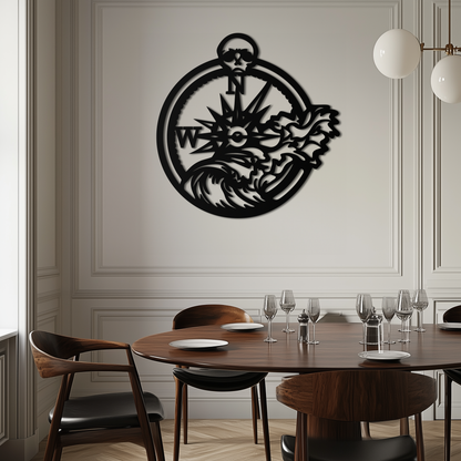 Nautical Compass and Ocean Wave Metal Wall Art