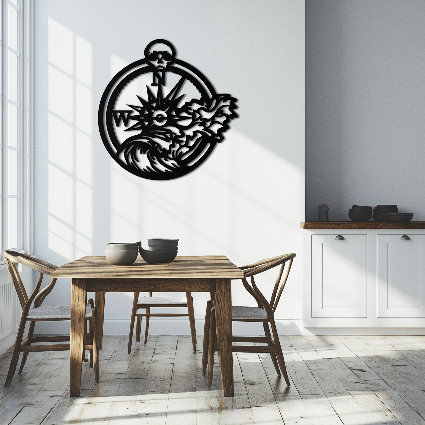 Nautical Compass and Ocean Wave Metal Wall Art
