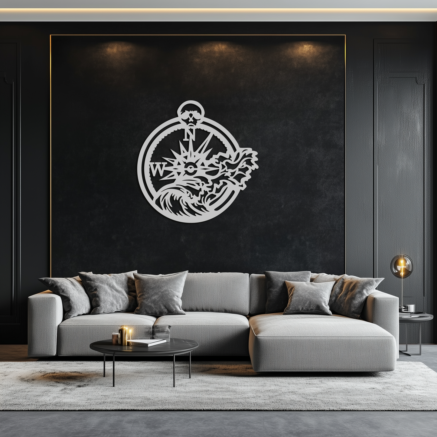 Nautical Compass and Ocean Wave Metal Wall Art