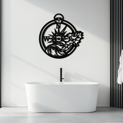 Nautical Compass and Ocean Wave Metal Wall Art