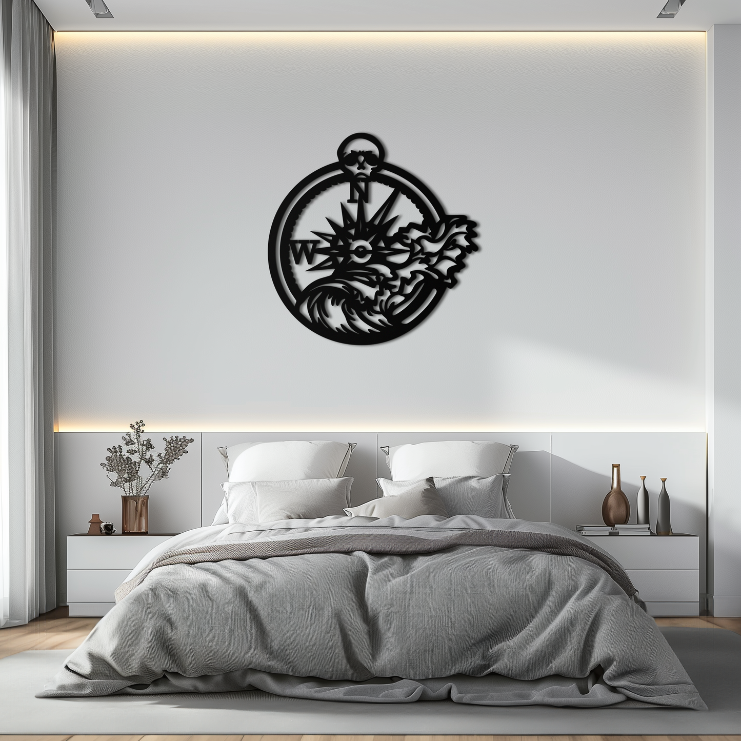 Nautical Compass and Ocean Wave Metal Wall Art
